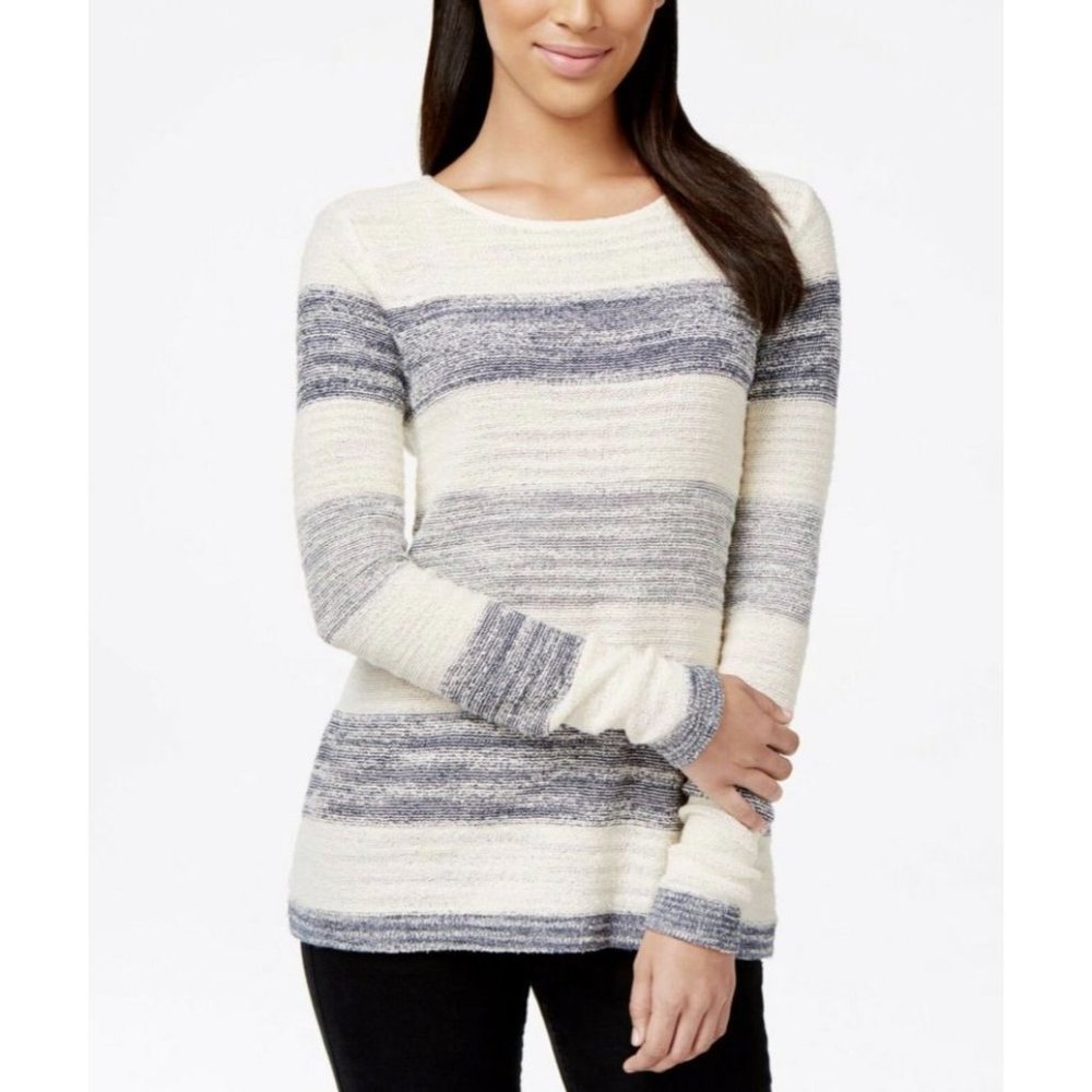 Calvin Klein Women's Chiffon Back Long Sleeve Sweater Classic Navy Rugby Stripe